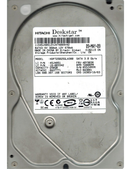 DISCO DURO HDD 3 5  SATA 250GB HITACHI HDP725025GL