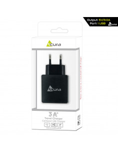 CARGADOR DE CASA USB ACURA 5V / 3A NEGRO