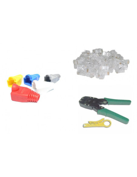 KIT CONECTOR RJ45 20UD   FUNDAS 20 UD   CRIMPADORA