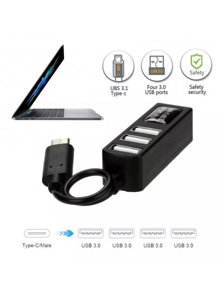 HUB USB 3 1 TIPO-C MACHO 4 PUERTOS USB 3 0 HEMBRA