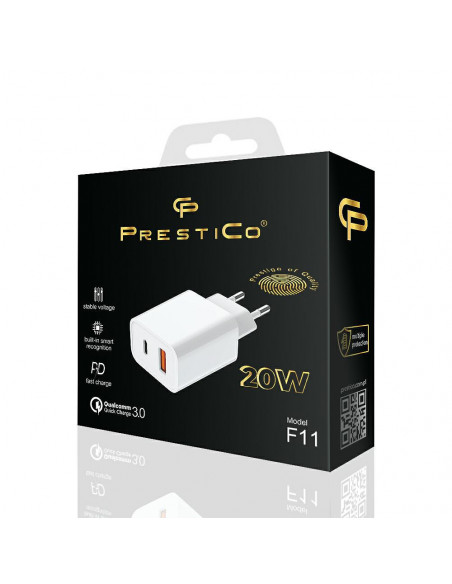 CARGADOR PRESTICO F11 USB-A   USB-C QC PD 20W